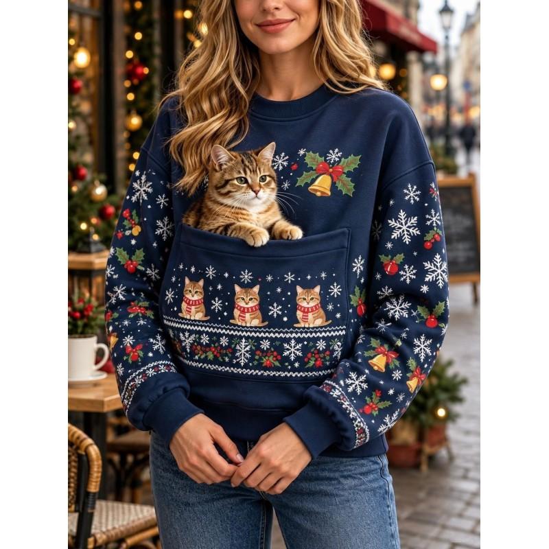 Christmas Cat Pocket Print Sweatshirt Retro Long Sleeve Top Holiday