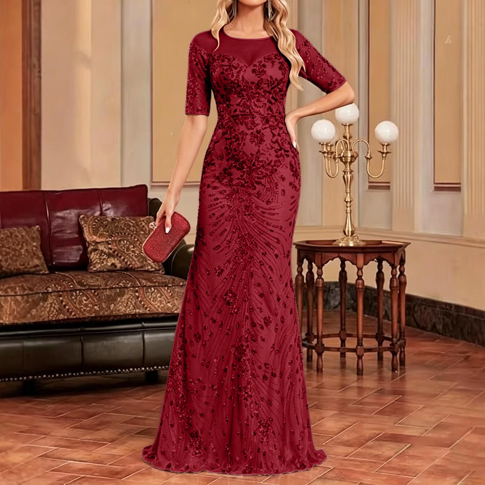 

Women s Elegant Summer Sequin Party Dress: Short-Sleeve, Long-Length XL винний