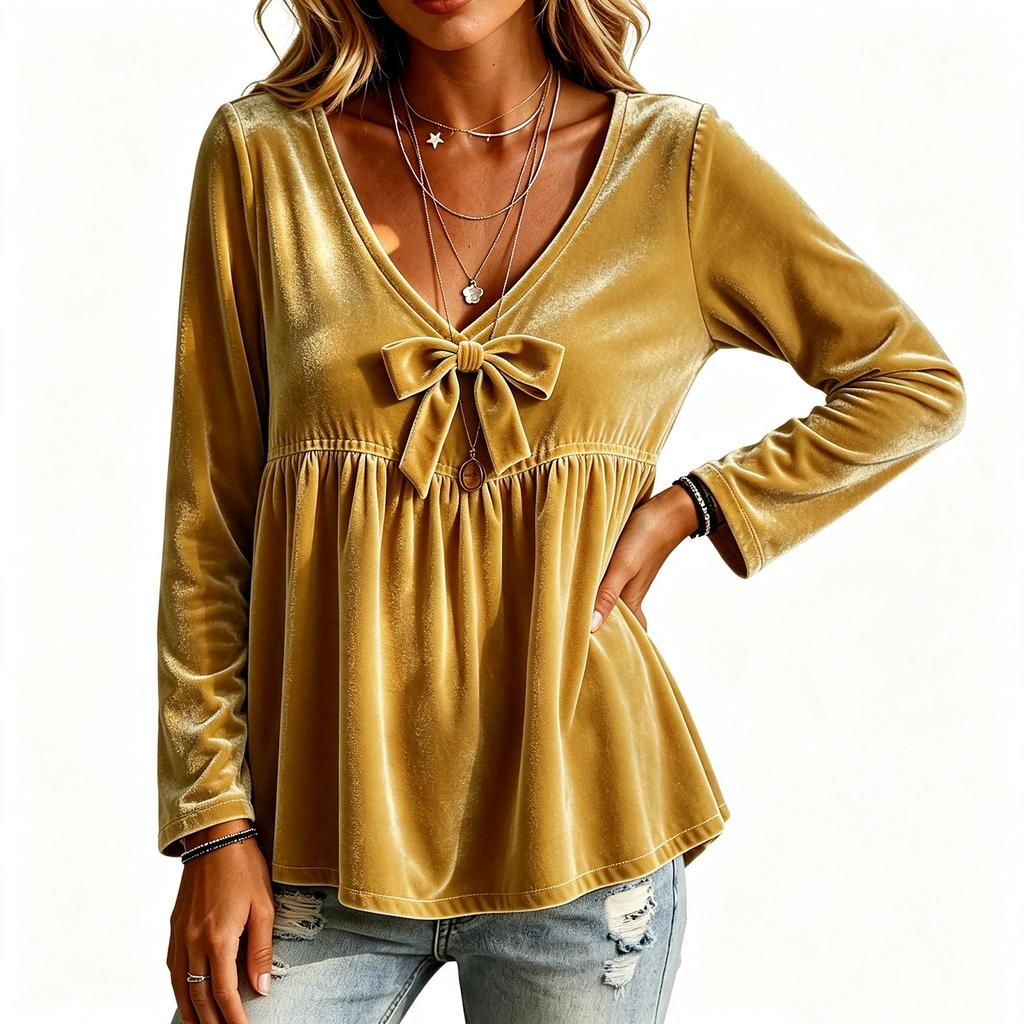 Women's Casual V-Neck Long Sleeve Velvet Top with Loose Fit Blouse