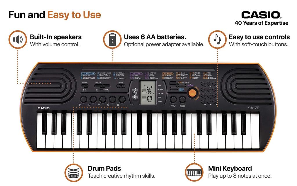 Casio Mini Keyboard Casiotone 44 Mini 100 Accurate Pitch for Convenient LCD Dual Power Supply (CASIO) SA-76 Keys, Built-in Tones, Tuning, Screen,