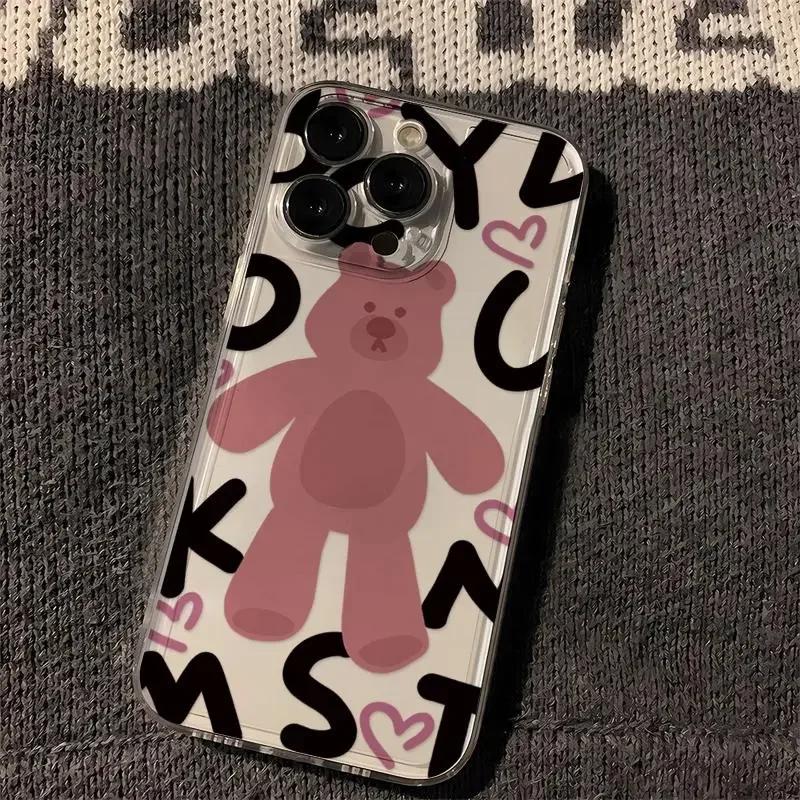 Ins Korean  Lovely Pink Bear Phone Case for IPhone 16 Pro Max 15 14 13 12 11 Pro Max 14 15 Plus Y2K Soft Anti Fall Phone Case