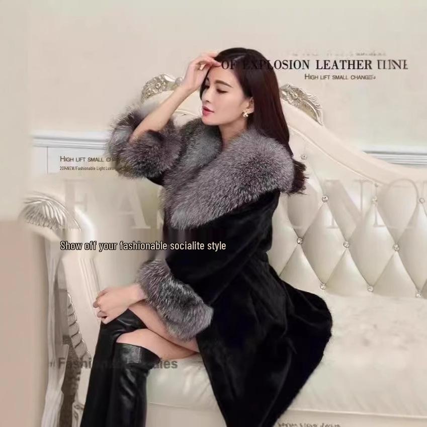 Women's Mid-Length Faux Fur Coat with Large Collar