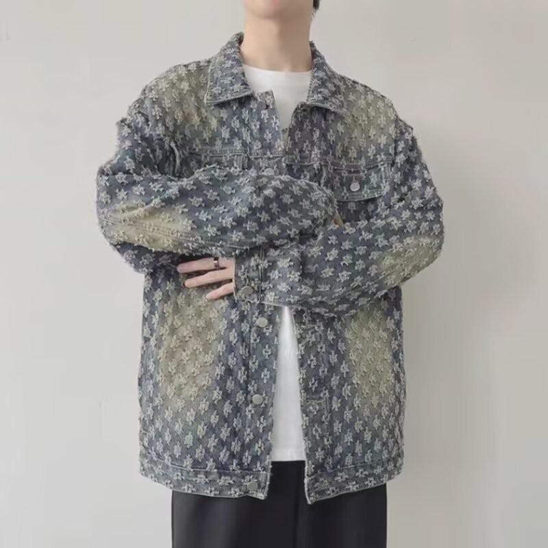 Vintage Washed Denim Jacket With Jacquard Distressed Holes Tie-Dye Unisex Streetwear