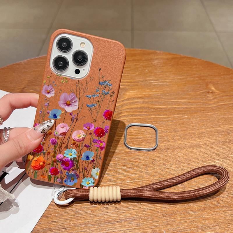 Husă mată rezistentă la șocuri, color trandafir, imprimeu floral, pentru iPhone 16 Pro Max 15 14 Pro 13 12 11, cu șnur moale, protecție pentru lentile, husă subțire din piele cu textura pentru telefon