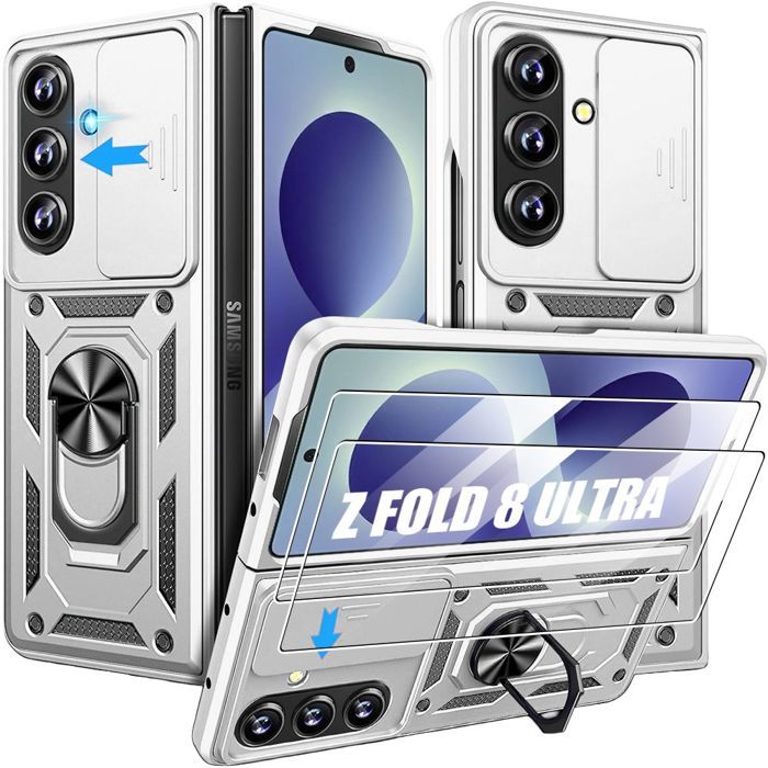 Coque pour Samsung Galaxy Z Fold 8 Ultra, Antichoc Rigide Bumper avec Support - Argenté - 2 Verres Trempés