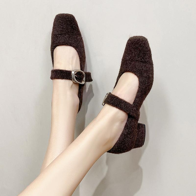 Fashion 2025  Women Square Toe High Heels Shoes Suede Marie Janes Shoes New Winter Woman Brand Fashion Shallow Elegant Pumps Zapatillas