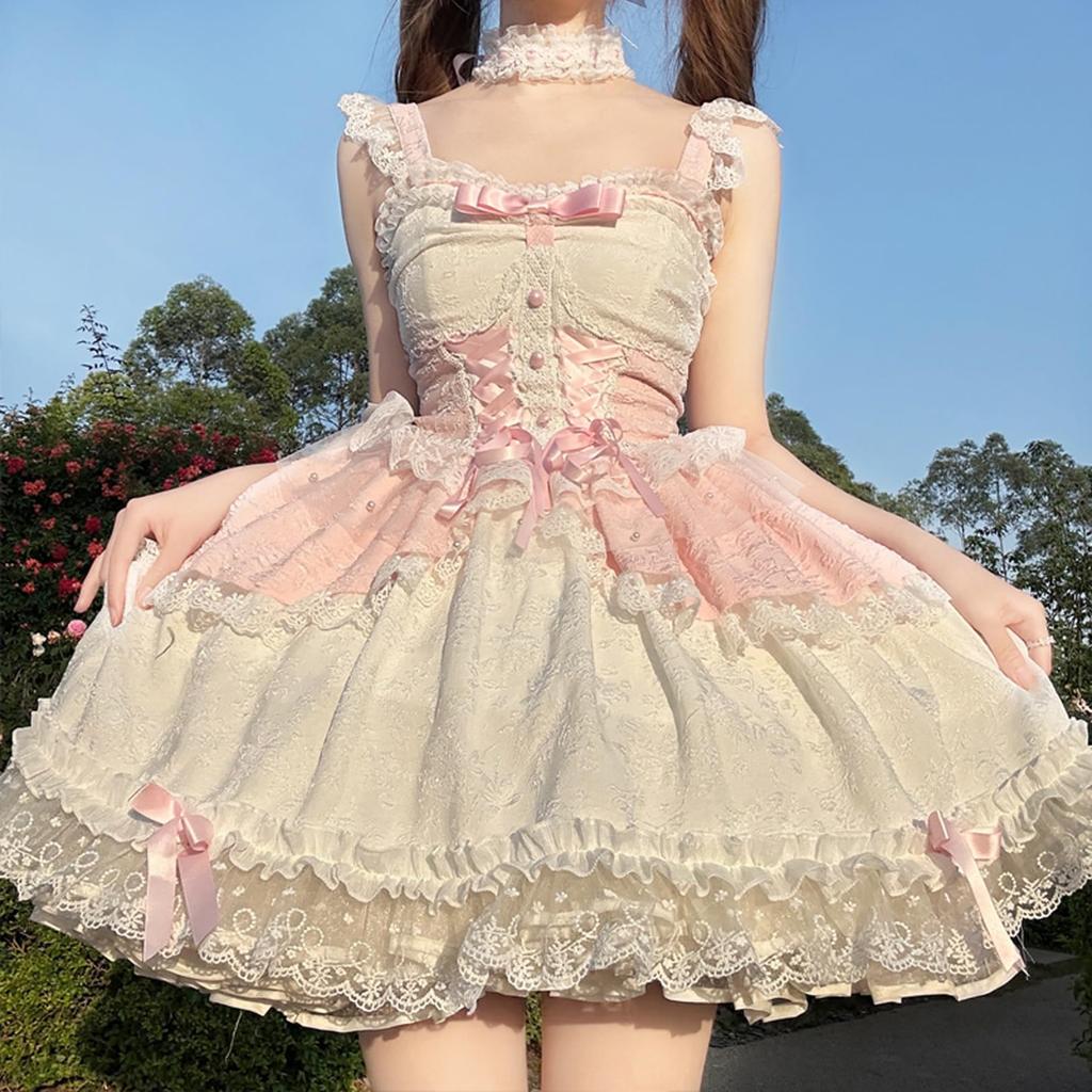 Toku and Yuu Lolita JSK Gothic Lolita Mori Girl Jumper Skirt with Lace Braided Mini Gothic Princess Cute Ribbon Mori Girl School Festival Size Dress,