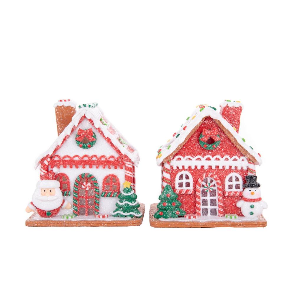 Red Gingerbread House Tabletop Ornaments, Santa & Snowman Christmas Decor (2Pcs Per Set)