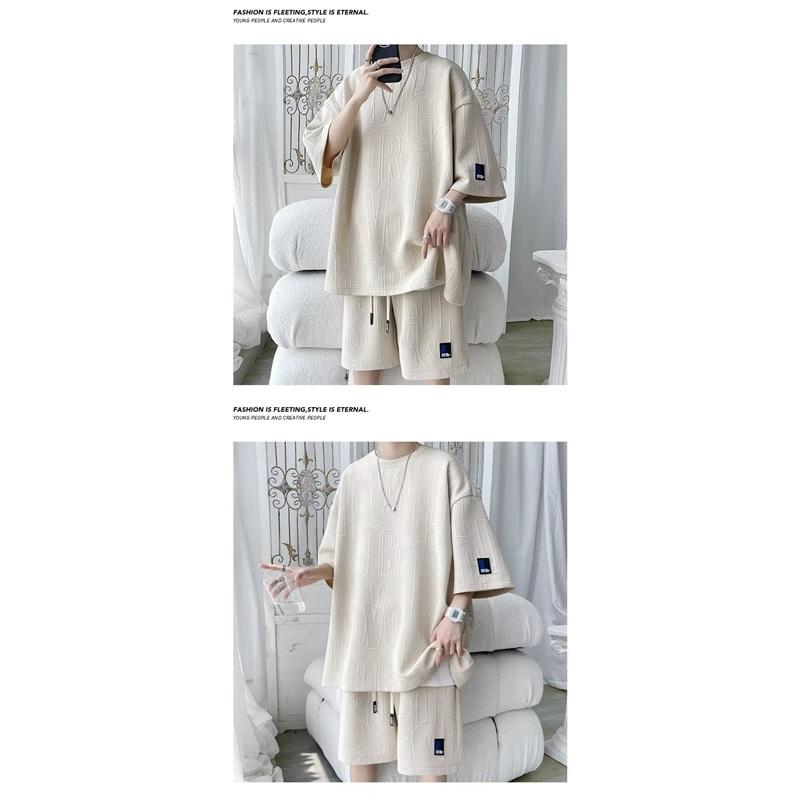 Men's Textured Letter Print Two-Piece Set Oversized Short Sleeve T-Shirt  Shorts Casual Streetwear