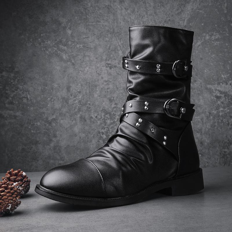 Motorcycle Shoes Men Fashion High Leather Boots Men Punk Trend British Style Boots Men Outdoor Casual High Top Shoes Male 2024