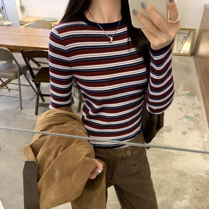Korean Style High-End Women s Striped Knit Base Layer Top - Autumn/Winter 2025 New Arrival M