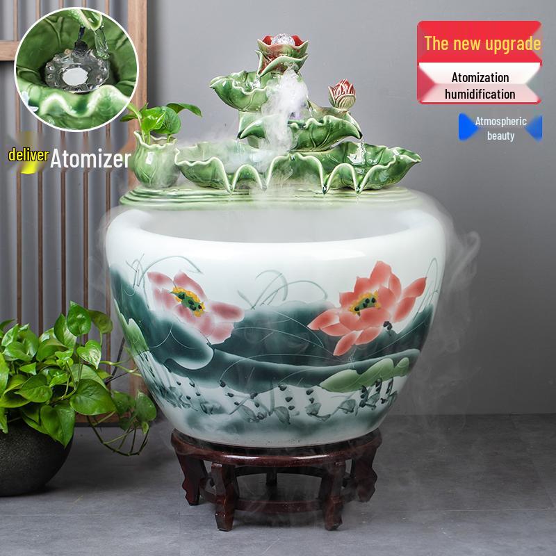 Jingdezhen Goldfish Tank: Floor-Standing Ceramic Water Feature for Balcony, Office, or Living Room.