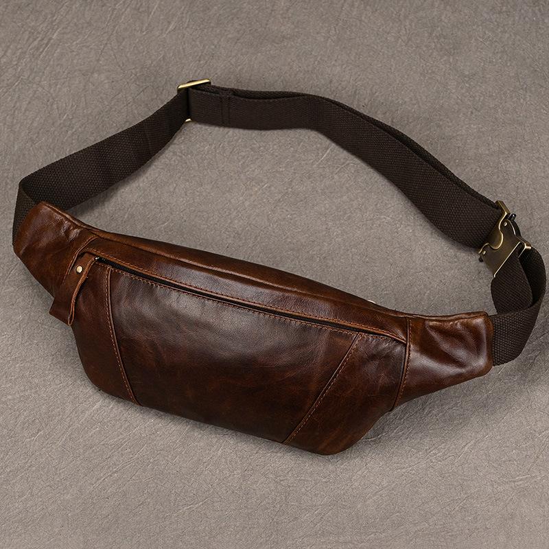 Creative and Fashionable Leather Chest Bag, Men's Shoulder Bag, Black Women's Crossbody Bag, Top Layer Cowhide Waist Bag, Mobile Phone Bag