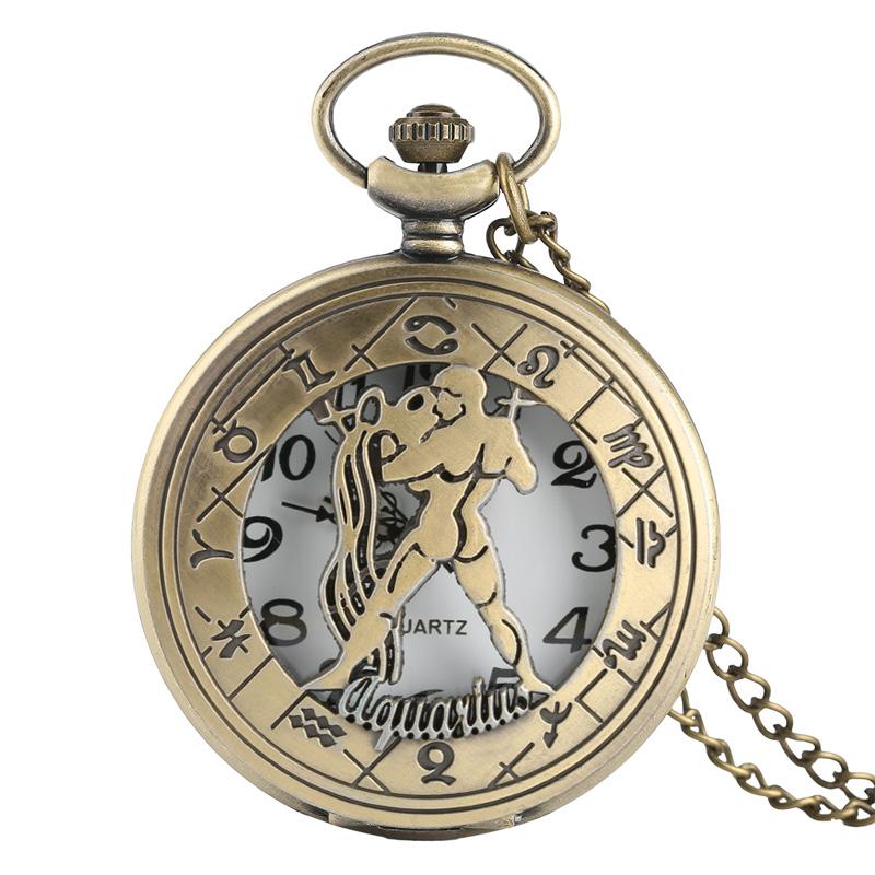 12 Constellation Astrology Zodiac Retro Pocket Watch Bronze Necklace Pendant Mens Women Hollow Flip Cover Quartz Christmas Gifts