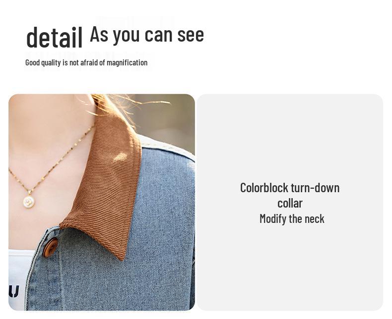 2025 Spring/Fall Retro Color-Block Patchwork Denim Jacket with Turn-Down Collar for Women