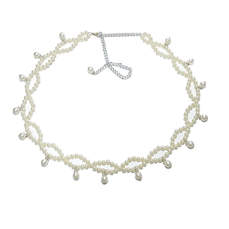 Meier New women s pearl waist chain - fashionable and sweet pearl-embellished slim belt 115cm