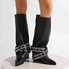Fashion Rivets Belt Decor Black Long Boots for Women Punk Style Pointed Toe Knee High Boots Woman Fashion Wedges Pu Leather Botas 35-42