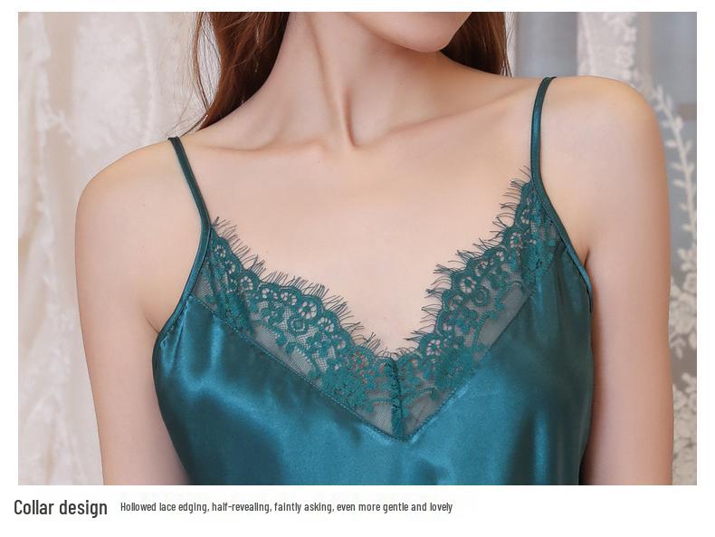 Plus Size V-Neck Lace Trim Silk Satin Strappy Nightdress