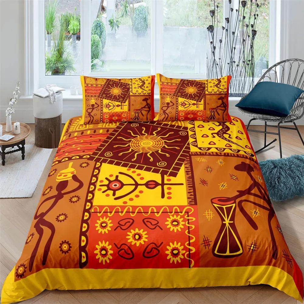 Afrikanisches Ethno-Bettwäsche-Set Orange Böhmischer Stil Bettbezug King Queen Vintage Frau Polyester Bettdeckenbezug für Teenager Erwachsene