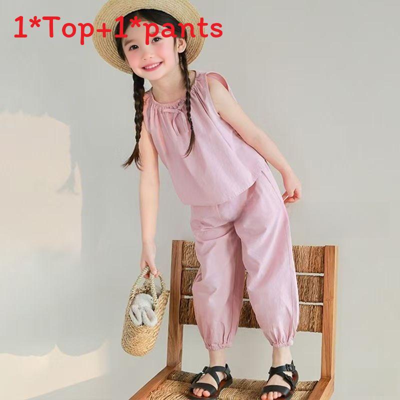 Girl Toddler Sleeveless Long Pants Set Summer Girls Cotton Blend Casual Lounge Wear For Kids