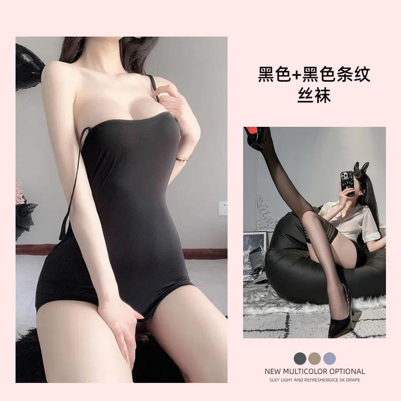 Sex underwear ice silk sexy pure desire suspender short skirt pajamas dress temptation hip wrap gather big chest secretary outfit
