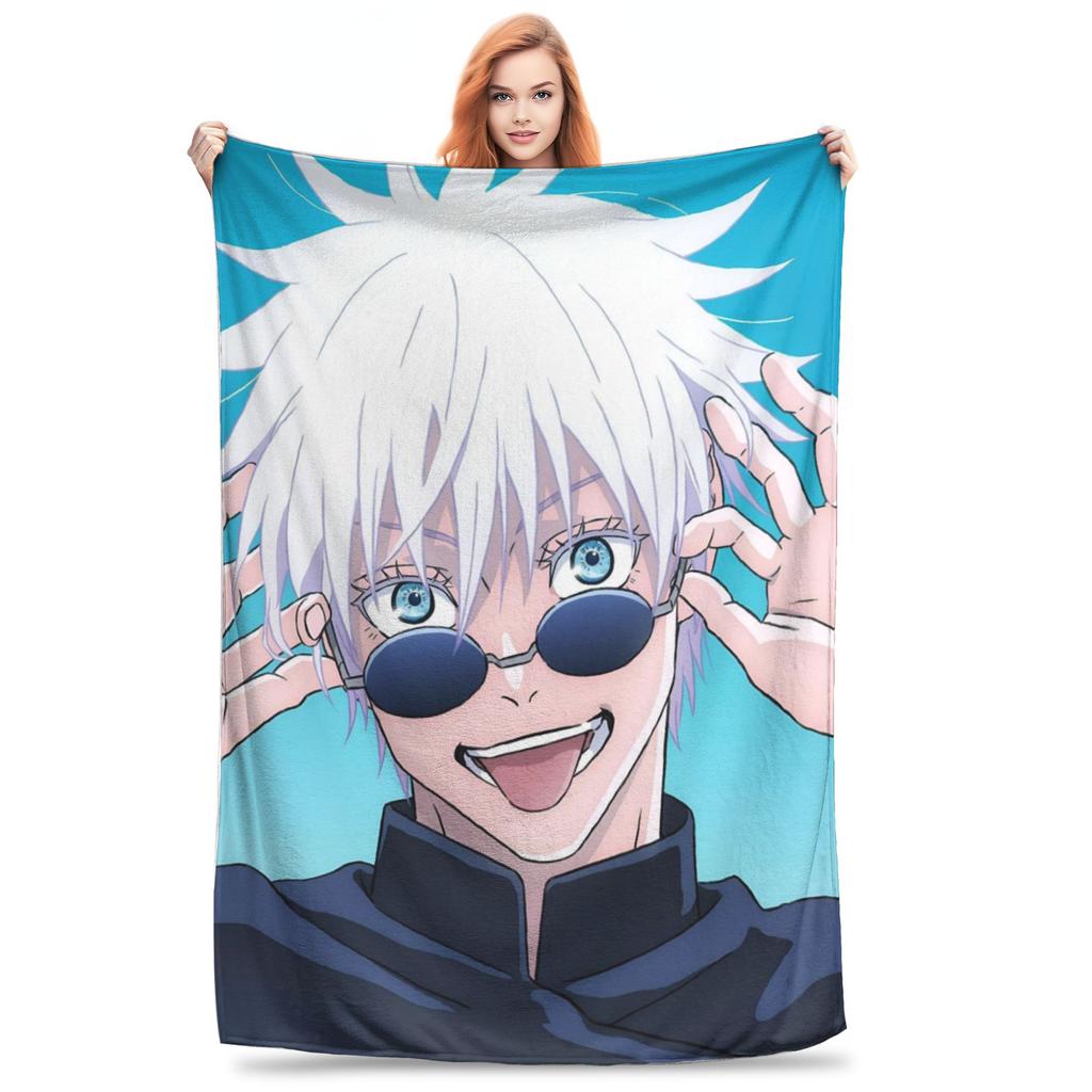 Flannel Throw Blanket Gojo Satoru Anime Jujutsu Kaisen Warm Plush Blankets Soft Bedding for Bed Living room Home Picnic Couch