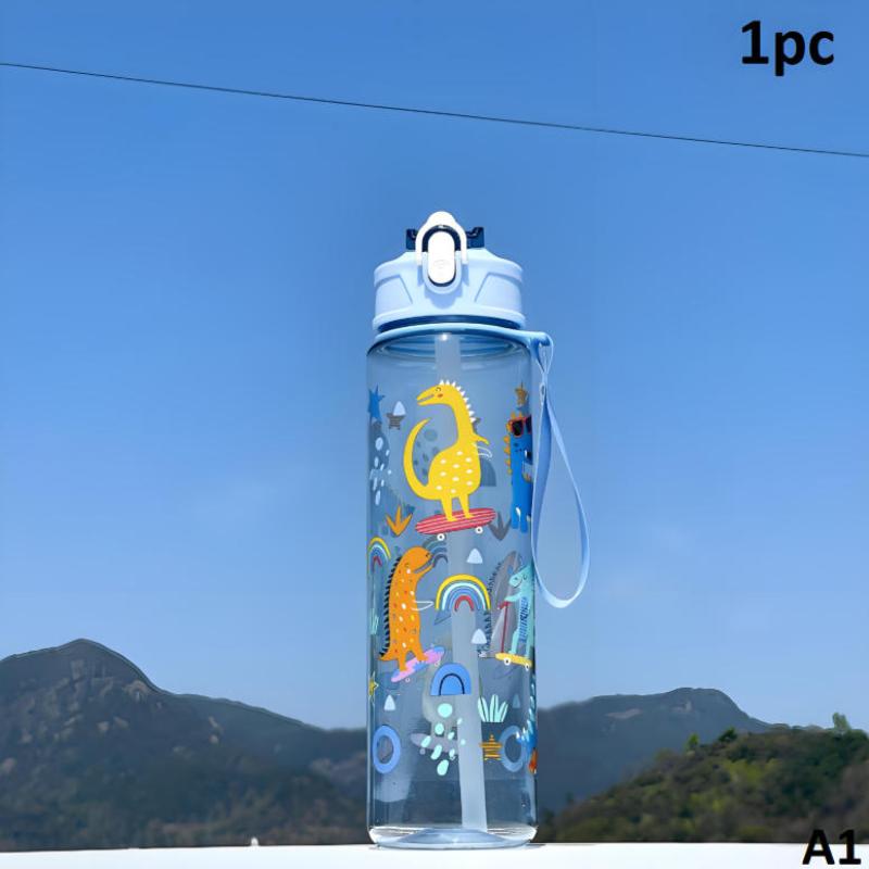 

790 мл Милая мультяшная пластиковая бутылка для воды с динозавром и машинкой, с соломинкой, герметичная, портативная спортивная чашка для студентов и для путешествий на открытом воздухе