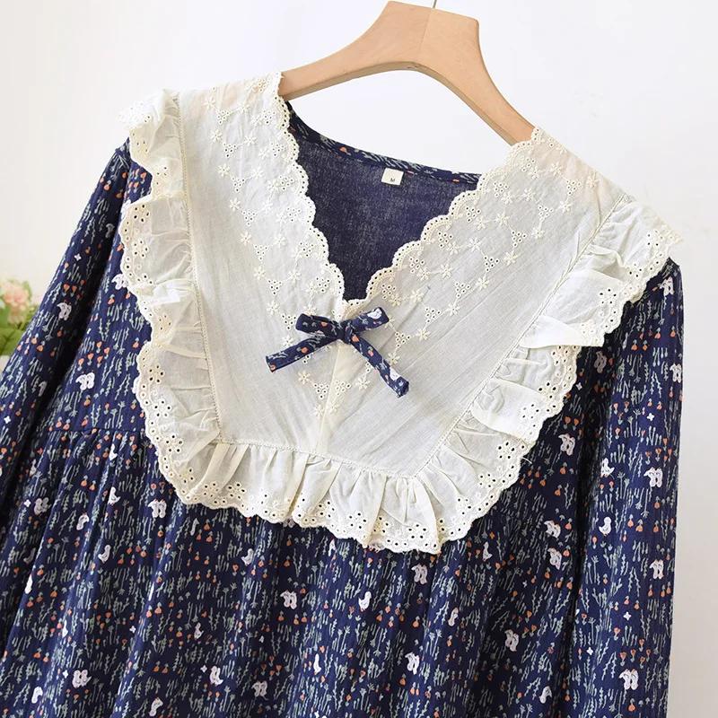 Spring and Fall Women's Cotton Long Sleeved Nightgown Simple Plus Size Double-layer Gauze Lace Design Night Wear Dress Outfit