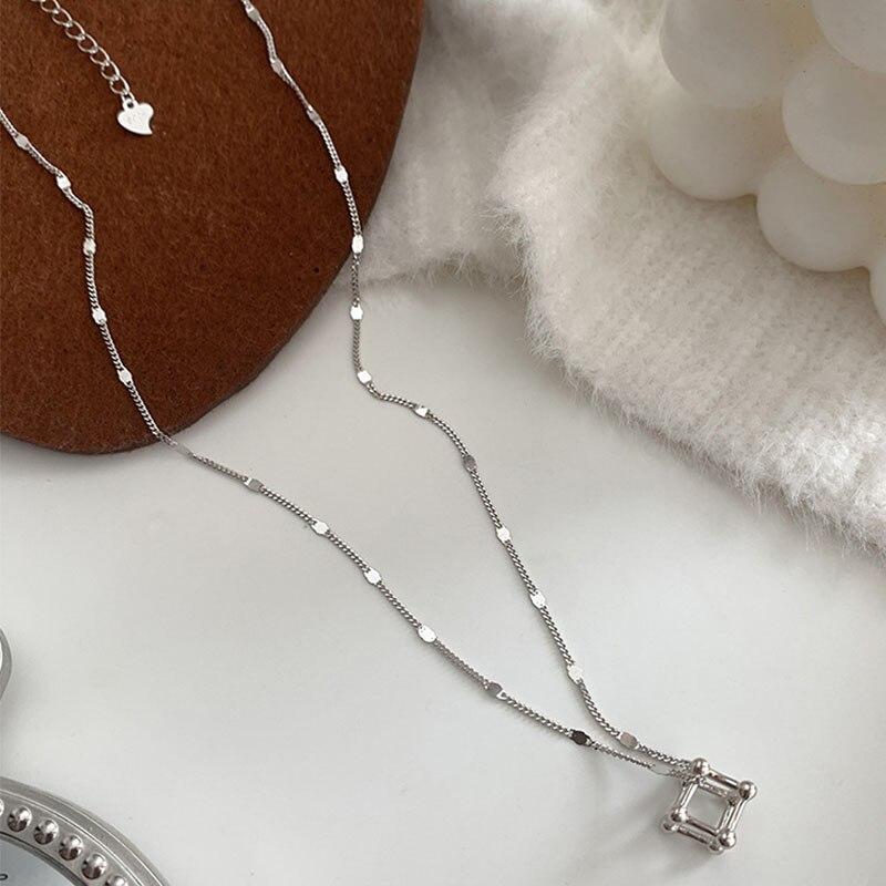 925 Sterling Silver Cube Geometric Necklace Female Simple Elegant Shiny Chain Choker Pendant Necklaces Gift