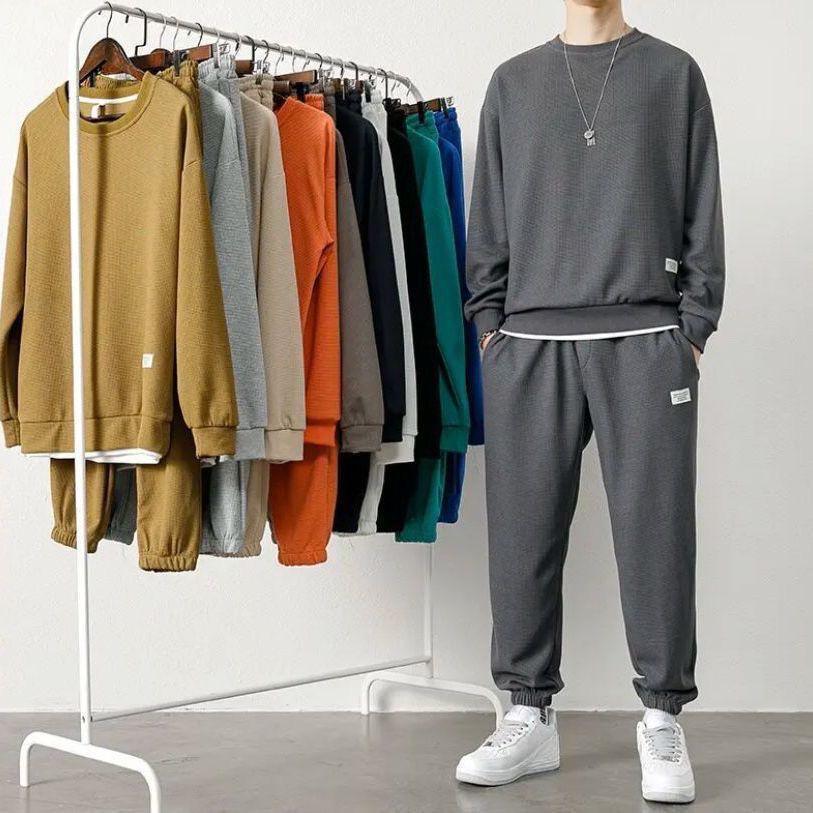 Men's Autumn Waffle Suit: Trendy Long-Sleeve Top & Trousers Two-Piece Set