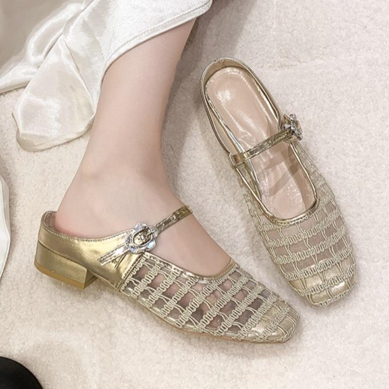 

Модные сетчатые женские мюли на среднем каблуке, модные массивные туфли 2025, летние элегантные босоножки-слингбэки, туфли-лодочки для платья, повседневные zapatillas 40 золотой