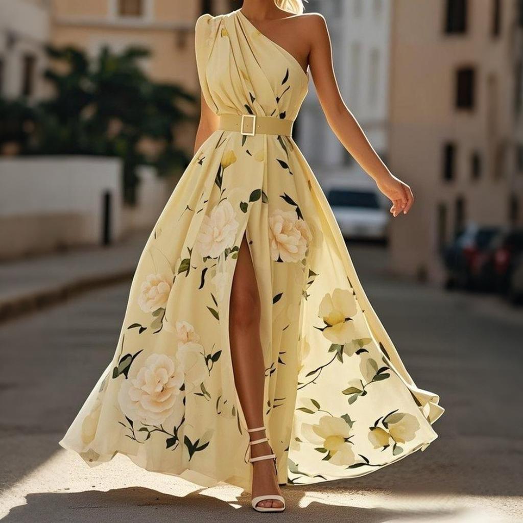 Women Floral Print Sleeveless Maxi Dress with Belt One Shoulder Design High Slit Long Dress for Casual or Formal Wear