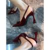 Burgundy Bow Buckle Rhinestone Sandals Women's Horseshoe Heel One-word Strap Sexy Celebrity High Heels