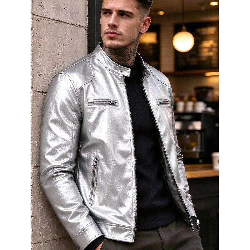 New men's stand-up collar PU leather jacket slim locomotive jacket autumn business casual ruffian handsome jacket