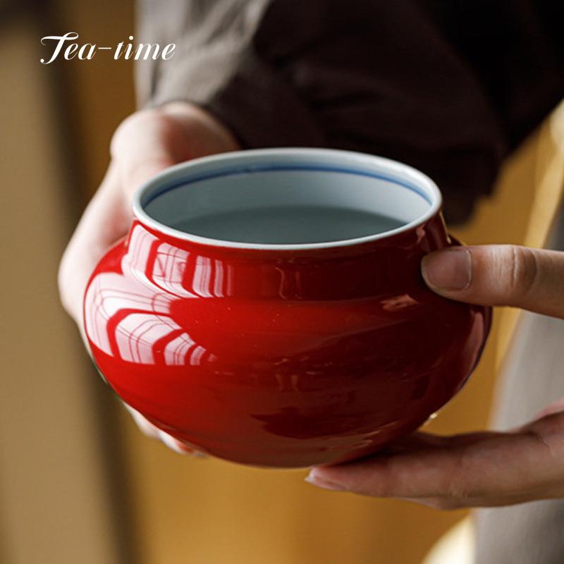 Hand Painted Ceramic Jianshui Forbidden City Red Tea Washing Bowl Chinese Big Pretty Bowl Tea Ceremony Vintage Porcelain Home