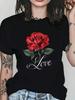 Women'S Casual Crew Neck T-Shirt With Red Roses And Heart Pattern Casual Print