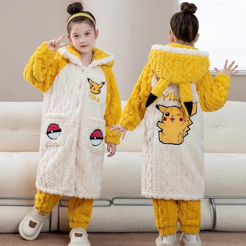 Girls Winter Coral Fleece Pajama Set Long Sleeve Hooded Sleepwear Kids 8 Years Soft Warm Home Outfit