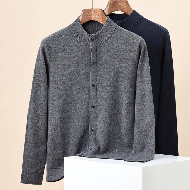 Hengyuanxiang Men's 100% Wool Thick Knit Half-High Neck Cardigan Sweater - Autumn/Winter 2025