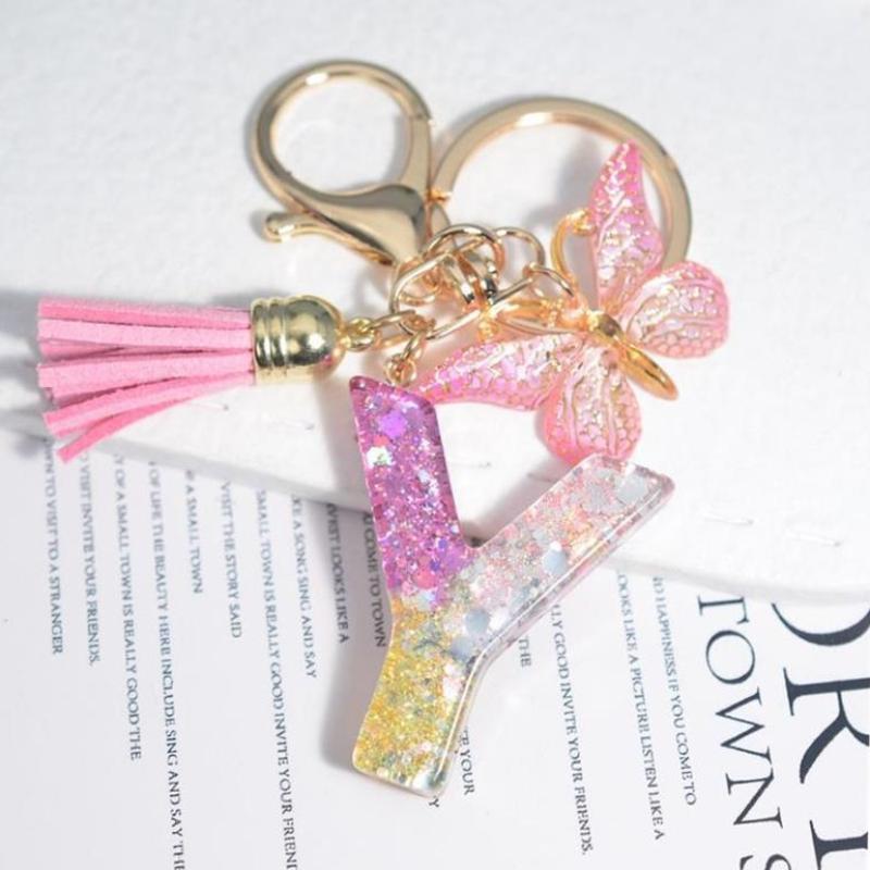 Fashion 26 English A-Z Initial Letter Resin Keychain Cute Butterfly Tassel Keyring Backpack Charm Pendent Accessories Gift
