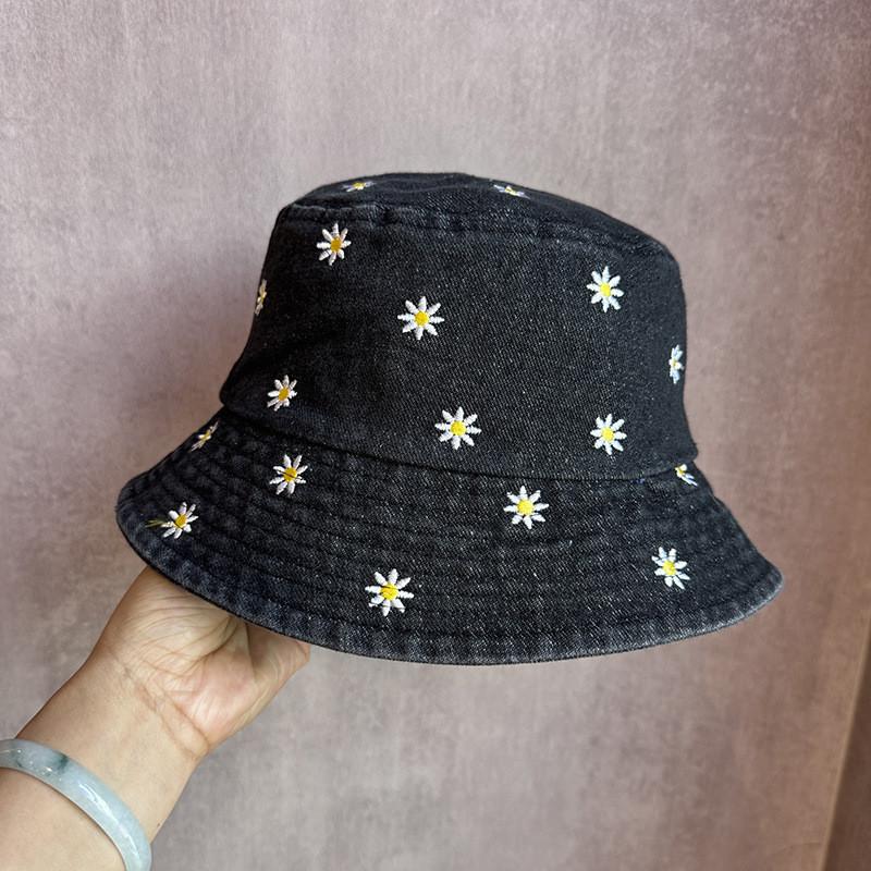 Japanese Ins Embroidered Daisy Bucket Hat With Sun Protection For Summer Casual Wear