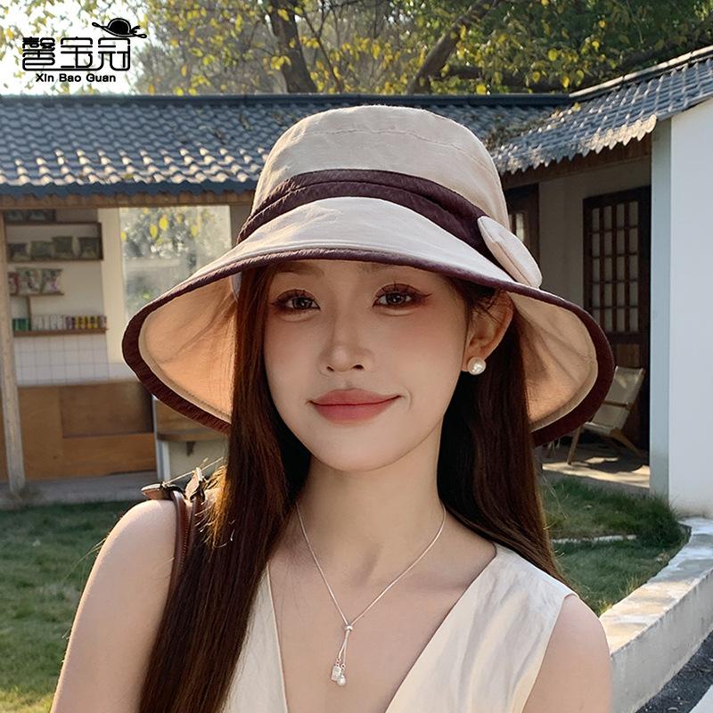 Summer face covering sun protection hat children two-color bow big brim bucket hat premium outdoor sun hat