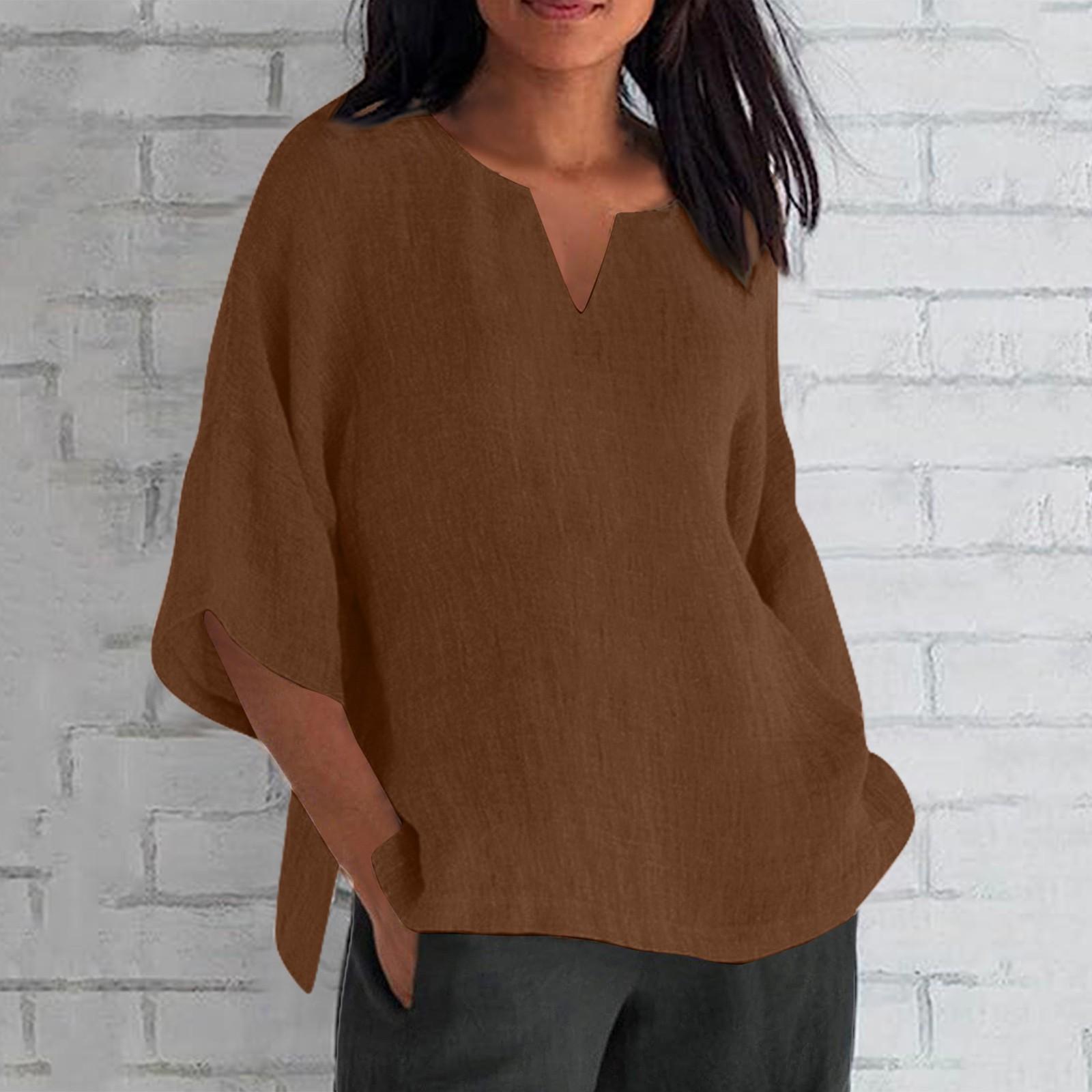 

Женская летняя хлопковая льняная футболка, топы, свободная блузка с рукавами 3/4, винтажная одежда с круглым вырезом, одежда больших размеров XL коричневый