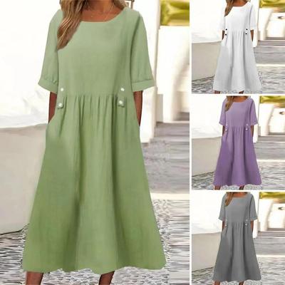 Loose Fit Dress Midi Dress with Pocket A-line Silhouette O Neckline Short Sleeves Dress