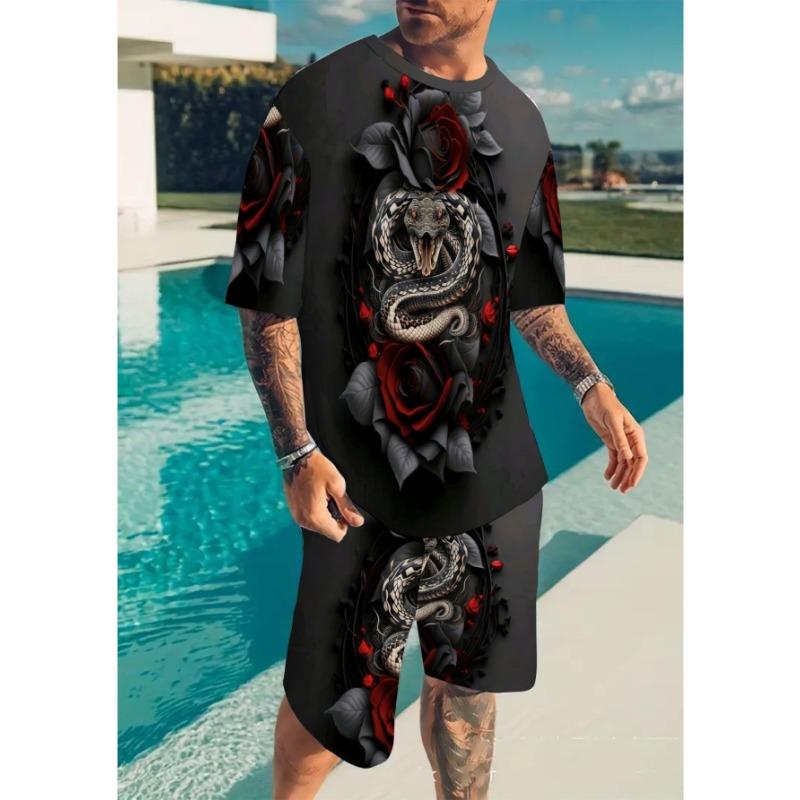 

Мужской комплект из 2 предметов: футболка с коротким рукавом темно-розового цвета с принтом под змею + шорты S