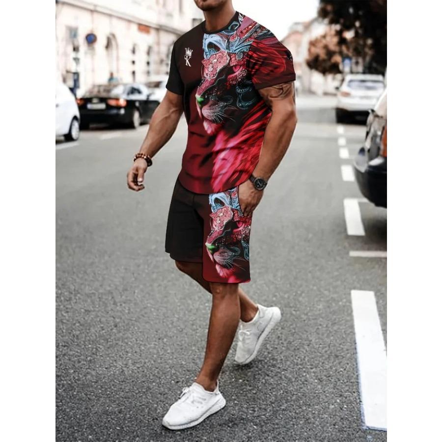 Men's Summer Short-sleeved Set, 3D Creative Flame Print And Shorts, Two-piece Casual Outdoor Fashion Set