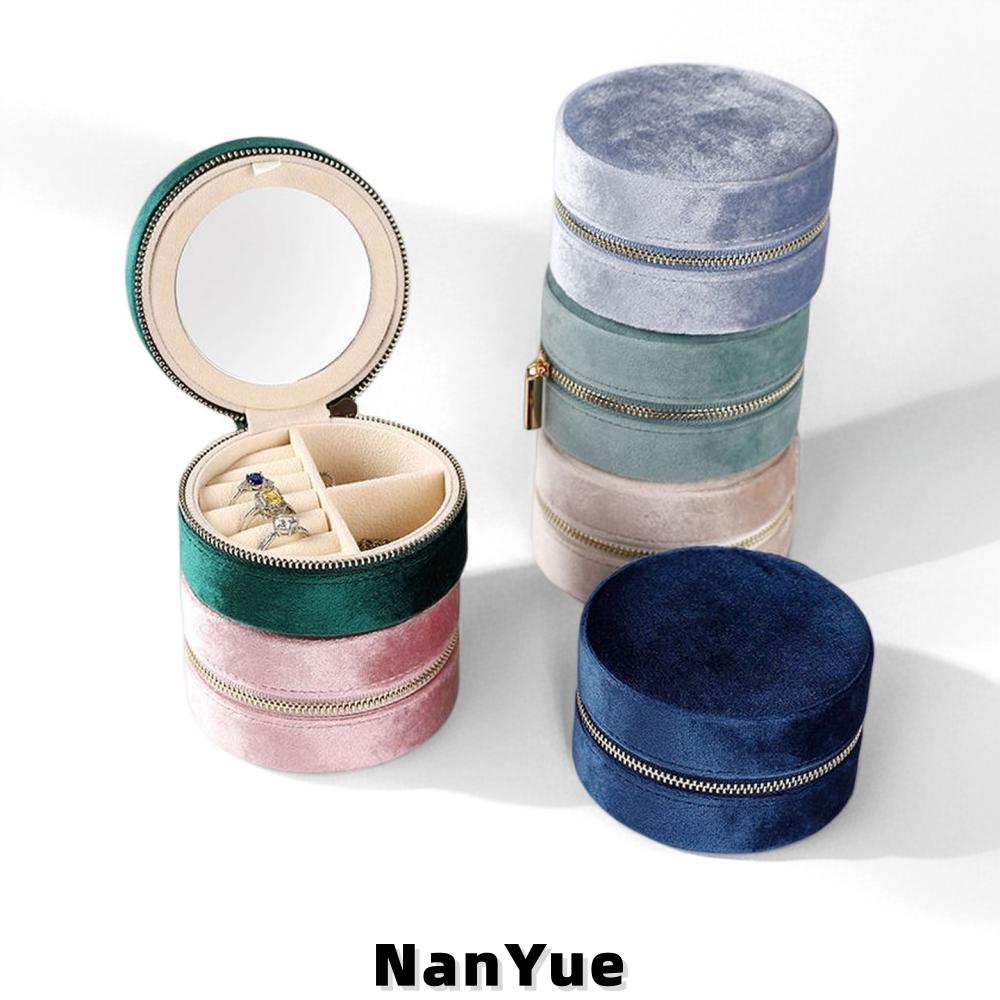 Custom Logo Round Velvet Jewelry Box with Mirror Portable Travel Zipper Rings Earrings Necklaces Jewelry Storage Box