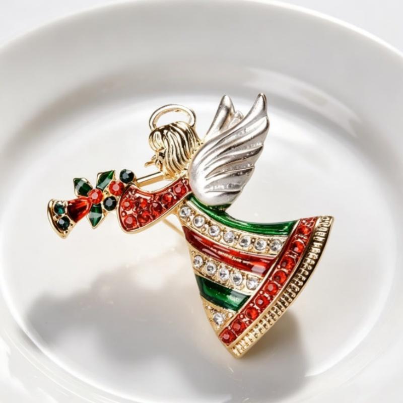 Christmas Angel Brooch Sparkly Rhinestone Inlay Gold Plated For Holiday Outfits Festive Gifting