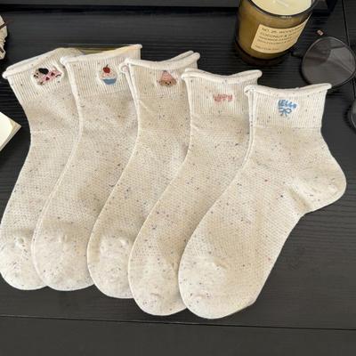 Boneless Short Tube Embroidered Bow Socks for Women, Spring and Summer Breathable Ballet-style Women's Socks, College-style Short Socks