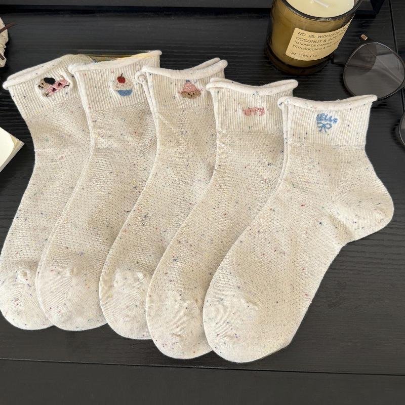 Boneless Short Tube Embroidered Bow Socks for Women, Spring and Summer Breathable Ballet-style Women's Socks, College-style Short Socks