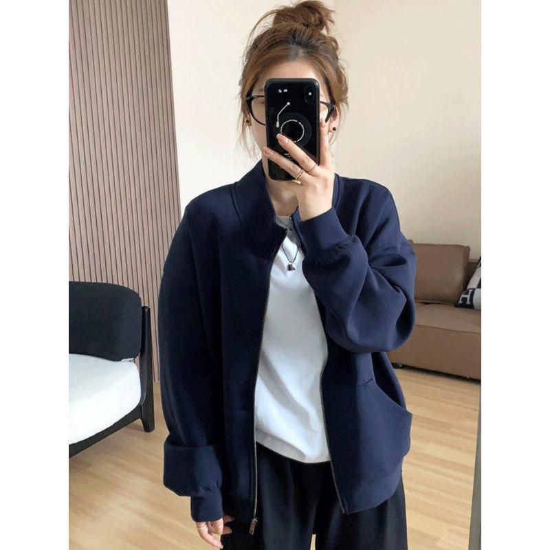 

Женская толстовка-куртка большого размера на молнии, темно-синего цвета, с воротником-стойкой — осенне-зимний 2025, свободный кардиган в корейском стиле. S fits 60-85 jin